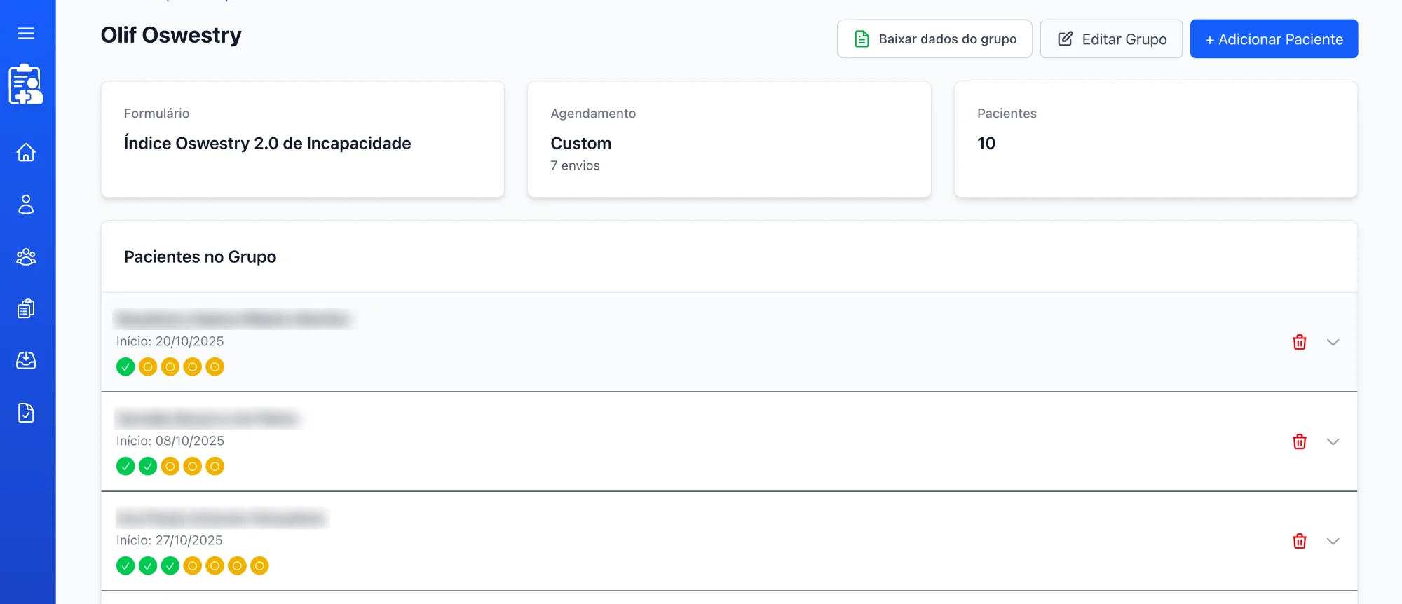 Interface de grupos do Healia